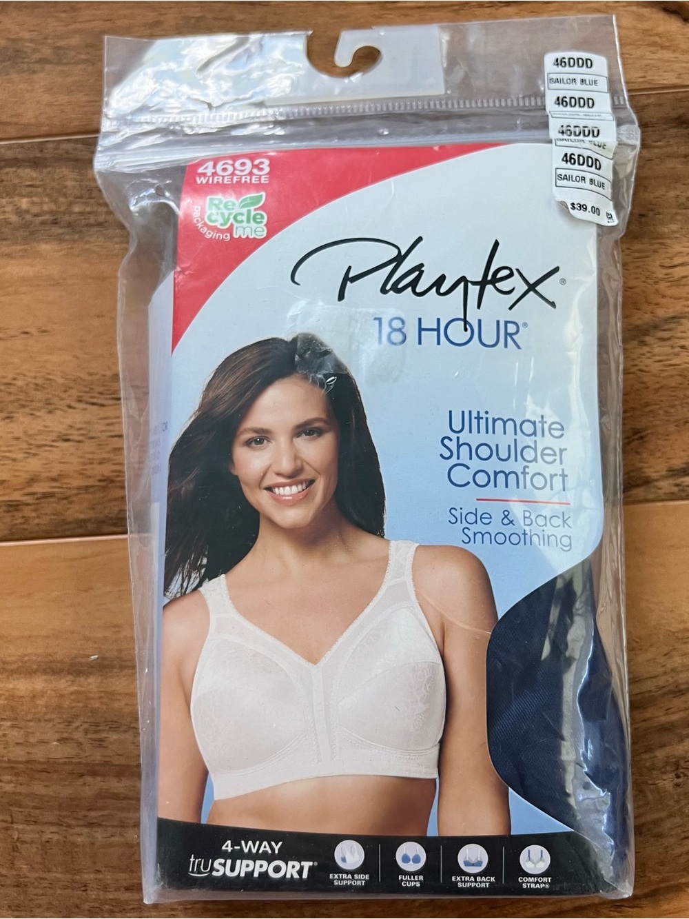 Playtex 18 Hour Ultimate Shoulder Comfort Bra 46DDD Sailor Blue Wireless